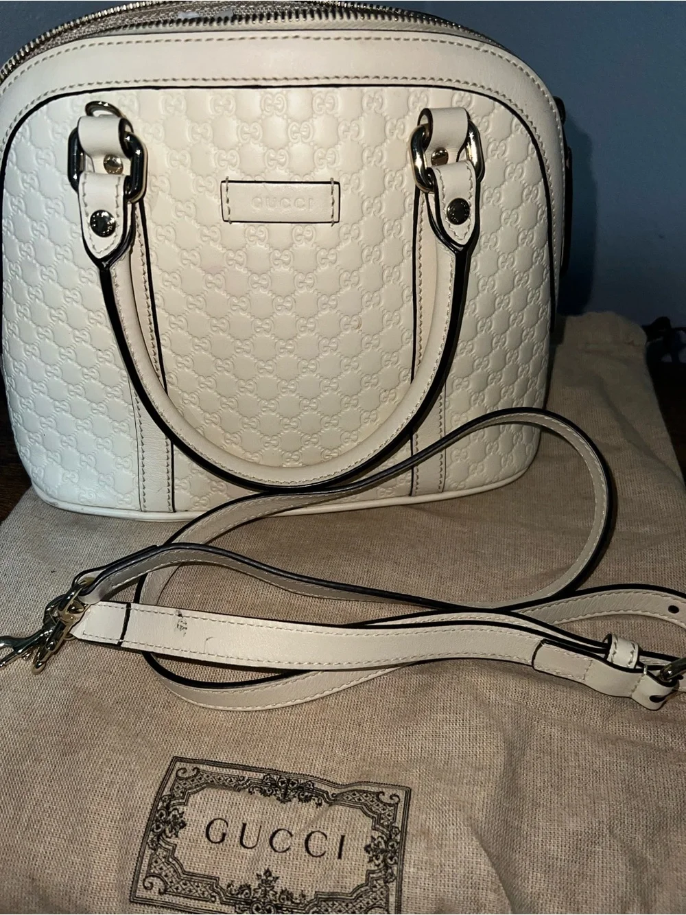 Gucci White Embossed Leather Satchel with Detachable Strap